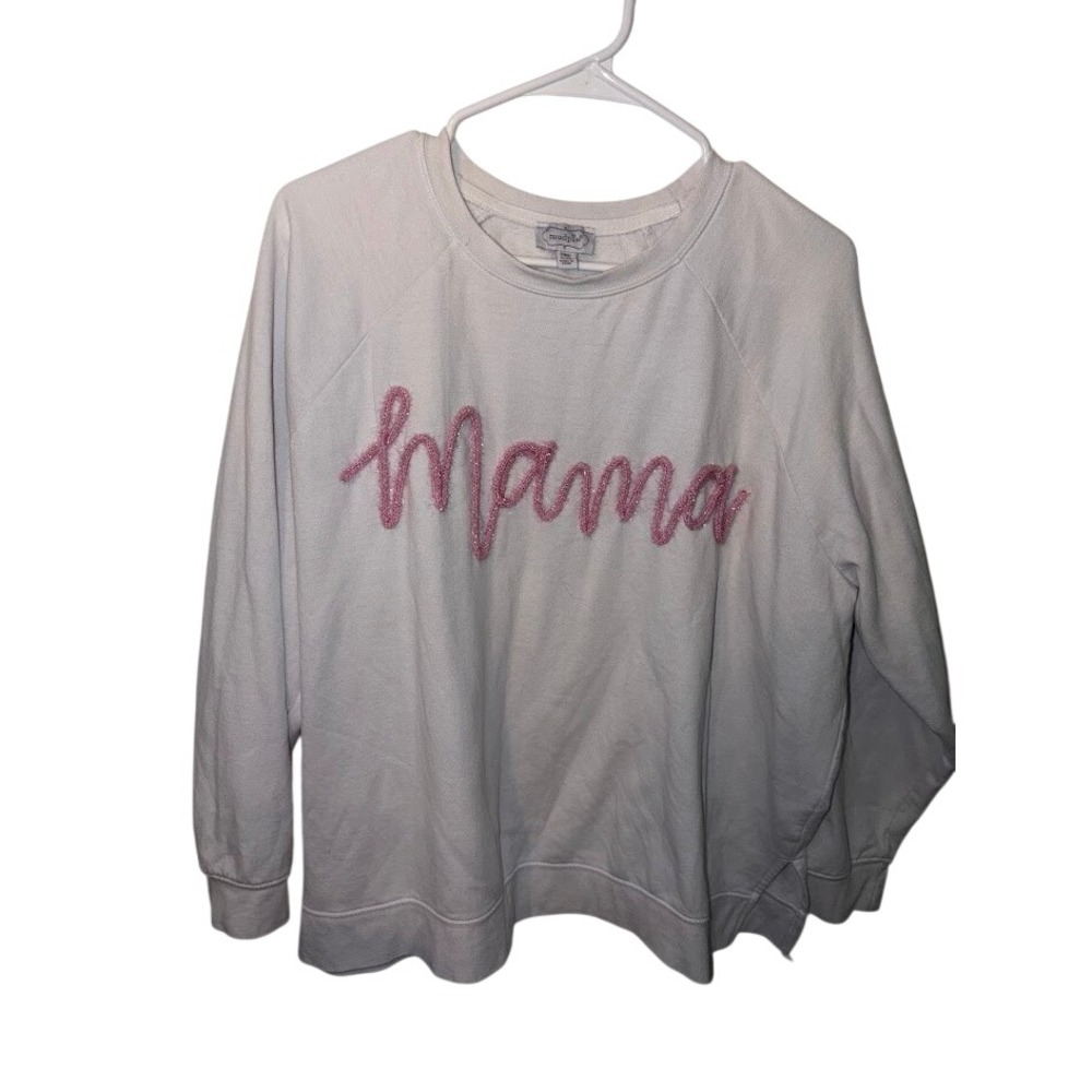 Mud Pie Mama Sweatshirt White Pink Glitter Script Raglan Pullover One Size
